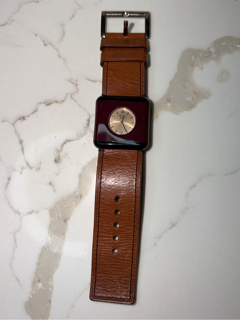 Prada Brown Leather Strap Watch with Burgundy Square Dial and Gold Face